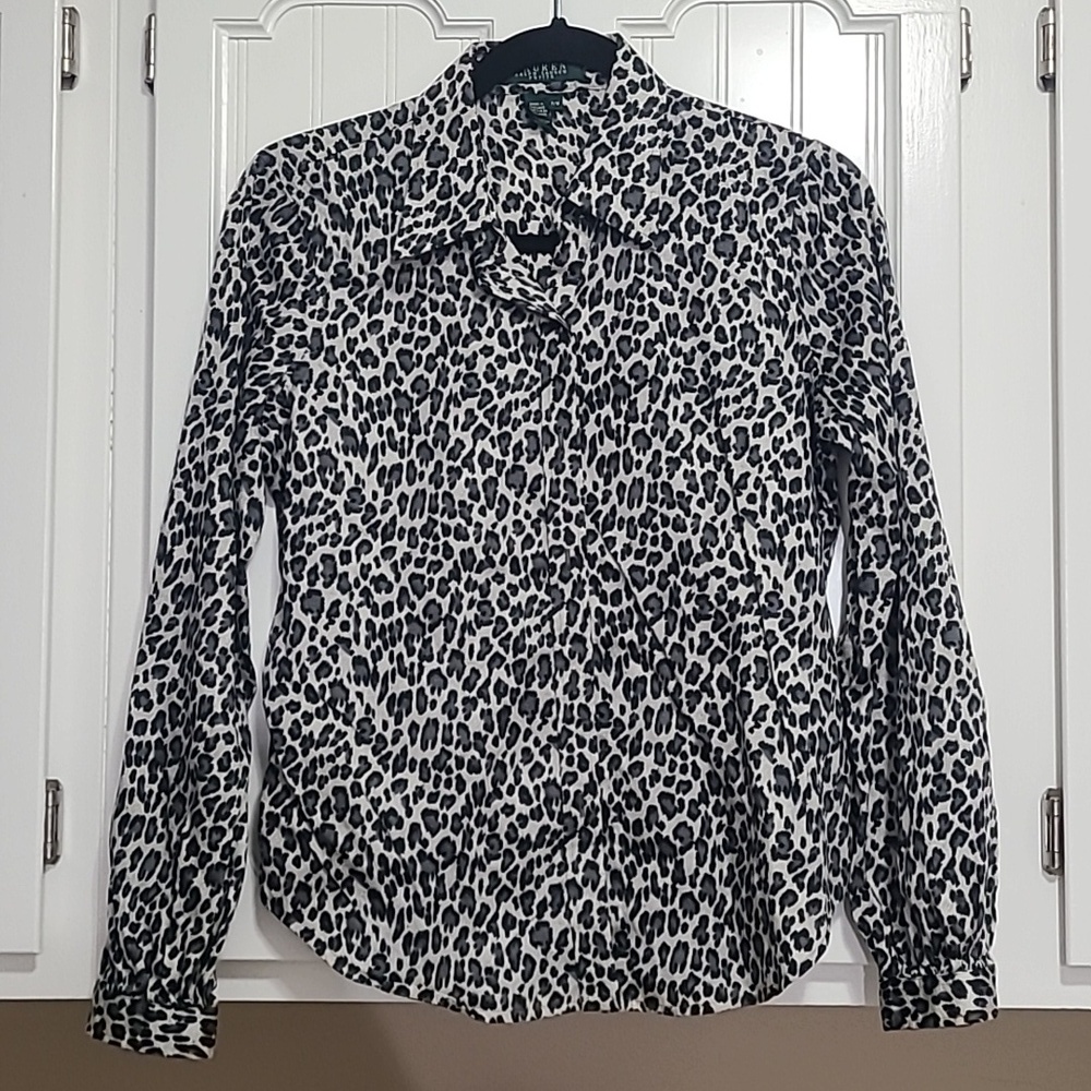 Lauren Ralph Lauren Leopard balance gray long‎ sleeved button up shirt size P M